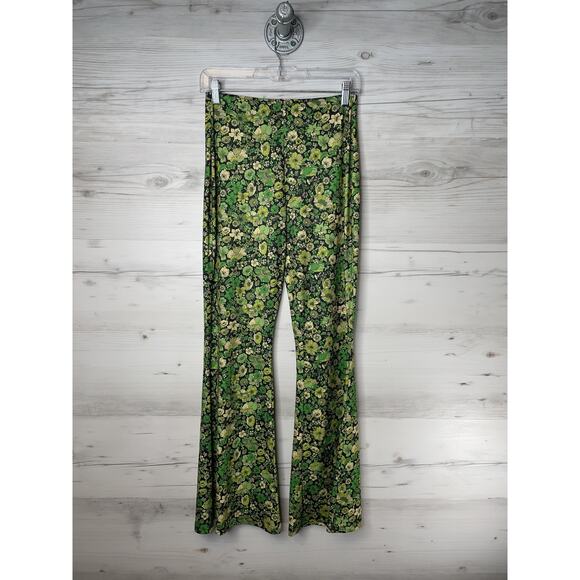 Zara Pants Womens Medium Green Floral Flare Leg Stretch Pull On Elastic Waist - Picture 1 of 7